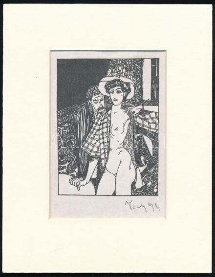 Tichy Gyula (1879-1920): Csábítás, nyomat utólagos jelzéssel, paszpartuban, 12×8,5 cm