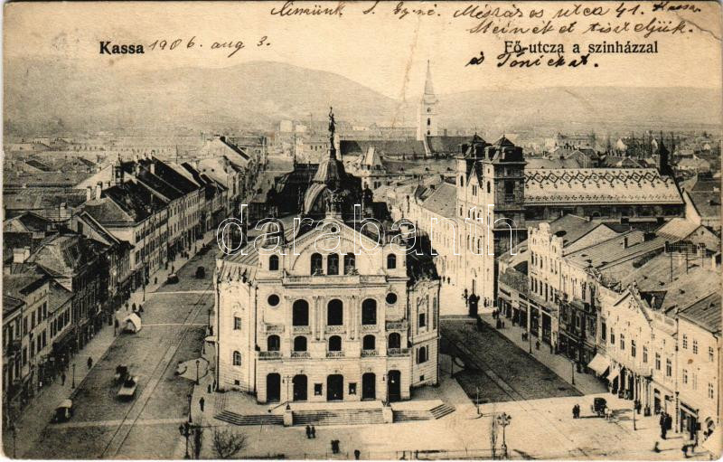 1906 Kassa, Kosice; Fő utca, színház / main street, theatre (fa)