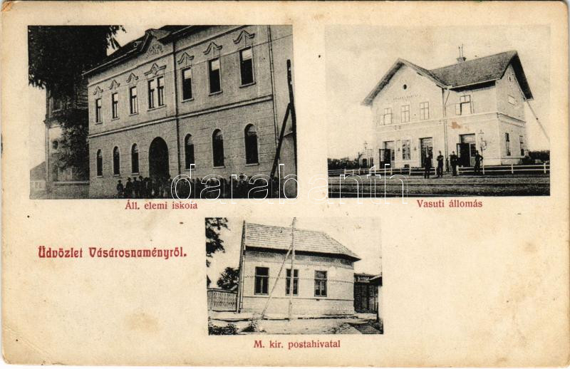 1909 Vásárosnamény, Állami elemi iskola, Vasútállomás, vasutasok, M. kir. posta hivatal. Kiadja Beck Izidor (EK)
