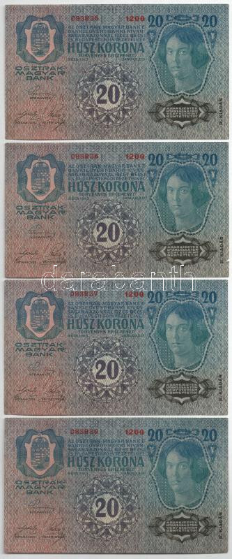 1913. 20K (4x) II. kiadás, sorszámkövető és egyugrású sorszámmal '1200 083835 - 1200 083837, 1200 083839', piros 'DEUTSCHÖSTERREICH' felülbélyegzéssel T:I- az egyiken kis szakadás Adamo K18B