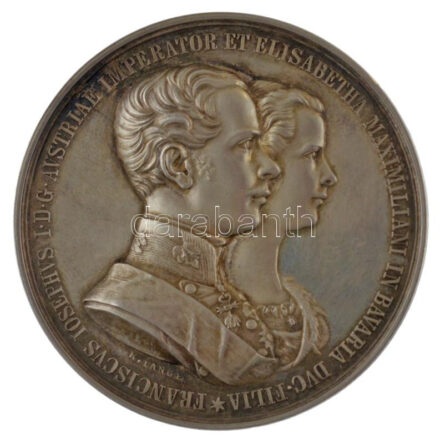 Ausztria 1854. 'Ferenc József és Erzsébet Királyné jobbra néző portréja / Házasságkötés a bécsi udvari kápolnában' Ag emlékérem eredeti tokban. Szign.: Konrad Lange (87,90g/56mm) T:1- sérült zsanér, peremen karc Austria 1854.