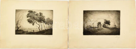 Uray János, működött a XX. sz. első felében, 2 db grafika: Dombos táj és Alföldi tanya. Rézkarc, papír, mindkettő jelzett, hátoldalán Orsz. Képkultúra Társaság, Bp., Városmajori Művésztelep bélyegzőjével, 16x24 cm