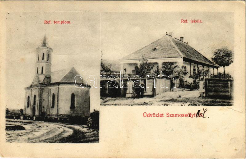 1911 Szamossályi (Fehérgyarmat), Református templom és iskola + 'POSTAI ÜGYN.' (EK)