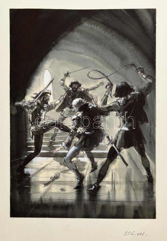 Bánfalvy Ákos (1943-): Illusztráció Fehér Tibor: A ródoszi lovag c. könyvéhez. Lavírozott tus, papír, jelzett, papírra kasírozva. Hátoldalán Móra Ferenc Könyvkiadó Bélyegzőjével. 34,5×24 cm