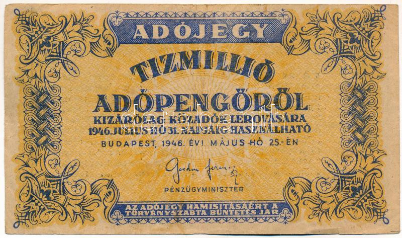 1946. 10.000.000AP vízjeles papíron, fordított címerrel T:III Adamo P54