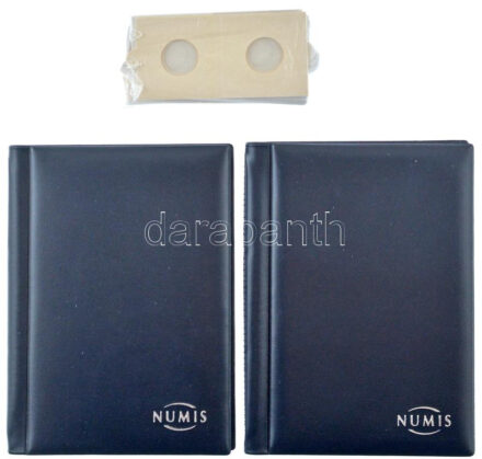 2db 'Numis' műbőr éremtartó album, egyenként 60db érme tárolásához + 37db öntapadós papírtok klf méretű érmék számára, újszerű állapotban