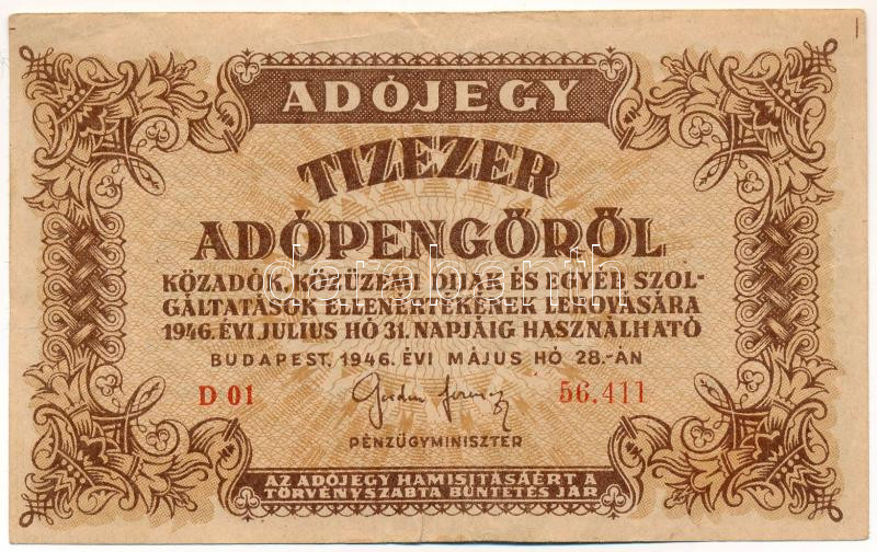 1946. 10.000AP sorszámozott, vízjeles papíron, átütő előlapi nyomattal T:III kis szakadás Adamo P49