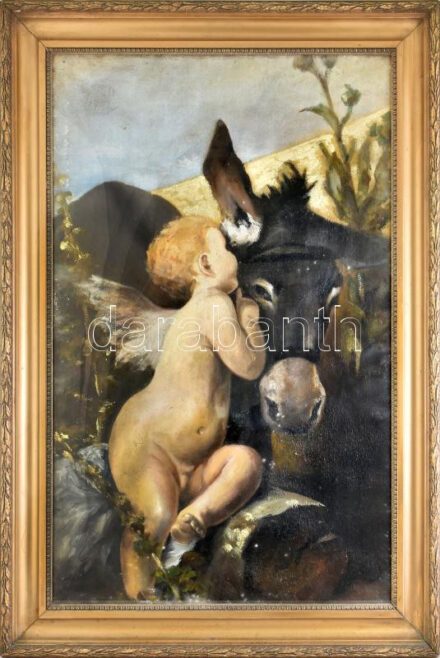 Jelzés nélkül, Benczúr Gyula után: Vén szamár. Olaj, vászon. Dekoratív, üvegezett fakeretben. 109×69 cm. KIZÁRÓLAG SZEMÉLYES ÁTVÉTEL, NEM POSTÁZZUK! / ONLY PERSONAL COLLECTION AT OUR OFFICE!