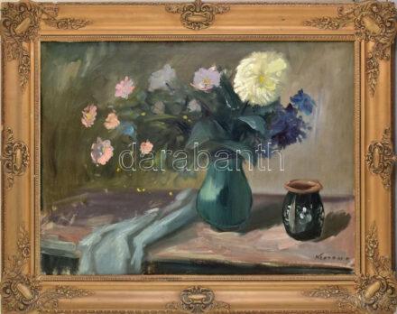 Kloton Péter (1927-1985): Hazafelé. Olaj, vászon. Jelzett. Javított. Dekoratív, kissé sérült fakeretben. 61×80,5 cm.