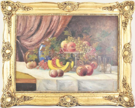 Vári Vojtovits Zoltán (1890-1953): Csendélet. Olaj, vászon, jelezve balra lent. Dekoratív, kissé sérült fa keretben. 60×80 cm. KIZÁRÓLAG SZEMÉLYES ÁTVÉTEL, NEM POSTÁZZUK! / ONLY PERSONAL COLLECTION AT OUR OFFICE!