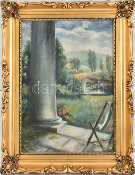 Tóth jelzéssel: Terasz. Olaj, karton. Dekoratív fakeretben. 50×34,5 cm.
