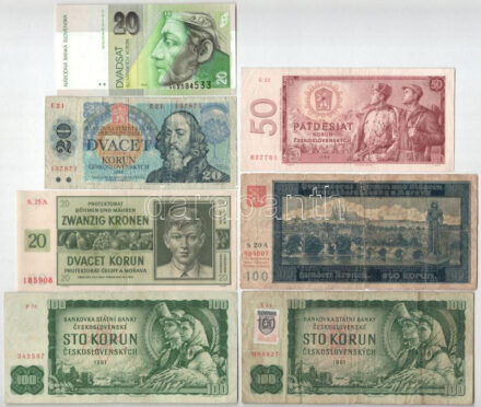 Német Harmadik Birodalom / Cseh-Morva Protektorátus 1940. 100K + 1944. 20K + Csehszlovákia 1961. 100K (2x) egyik bélyeggel + 1964. 50K + 1988. 20K + Szlovákia 2006. 20K T:III közte szakadás, lyuk German Third Reich / Protectorate of Bohemia