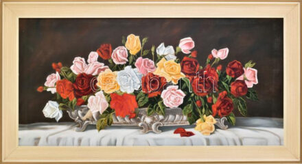 Gáspár Péter (1929-?), felvidéki magyar festő: Csendélet. Olaj, farost. Hátoldalán GP monogrammal jelzett. Dekoratív fakeretben. 49×99 cm. KIZÁRÓLAG SZEMÉLYES ÁTVÉTEL, NEM POSTÁZZUK! / ONLY PERSONAL COLLECTION AT OUR OFFICE!