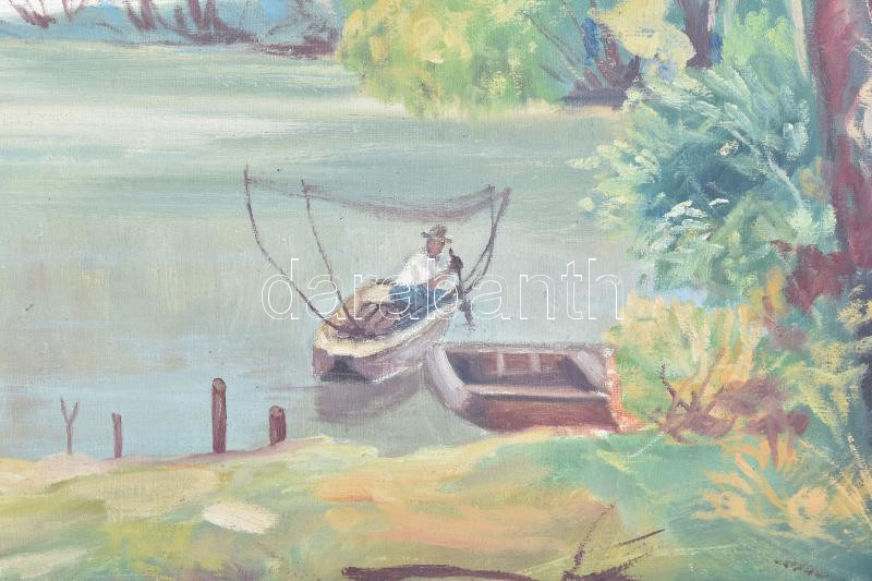 Gáspár Péter (1929-?), felvidéki magyar festő: Halászok a vízen. Olaj, vászon. Hátoldalán jelzett. Dekoratív fakeretben. 72×99 cm. KIZÁRÓLAG SZEMÉLYES ÁTVÉTEL, NEM POSTÁZZUK! / ONLY PERSONAL COLLECTION AT OUR OFFICE! - Image 2