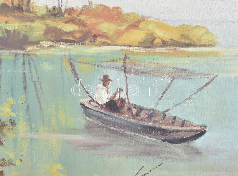 Gáspár Péter (1929-?), felvidéki magyar festő: Halászok a vízen. Olaj, vászon. Hátoldalán jelzett. Dekoratív fakeretben. 72×99 cm. KIZÁRÓLAG SZEMÉLYES ÁTVÉTEL, NEM POSTÁZZUK! / ONLY PERSONAL COLLECTION AT OUR OFFICE! - Image 3