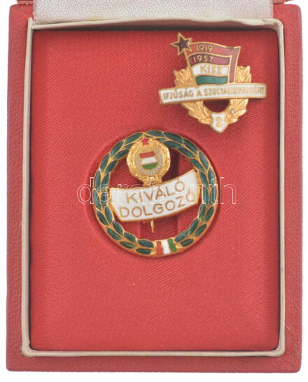 ~1980. 'Kiváló Dolgozó' aranyozott, zománcozott bronz jelvény eredeti tokban + 'Ifjúság a szocializmusért 1919-1957' zománcozott, aranyozott bronz jelvény 2. fokozata T:1-