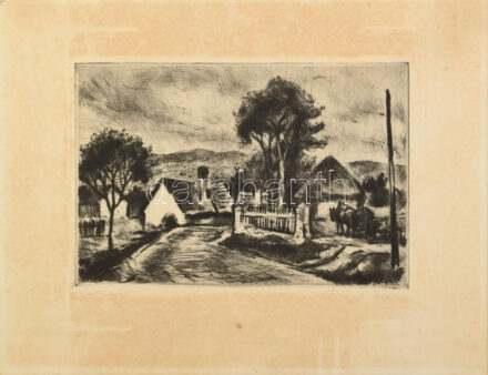 Iván Szilárd (1912-1988): Faluvége. Rézkarc, papír, jelzett. Kartonra kasírozva. Lap széle foltos. 19,5×29 cm
