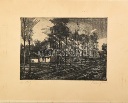 Szűcs János (1917-1995): Őszi táj. Rézkarc, papír, jelzett. Kartonra kasírozva. Lap széle kissé foltos. 20×27,5 cm