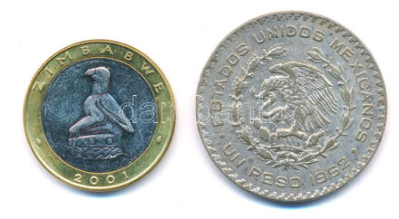 Mexikó 1962. 1P Ag 'Függetlenség' + Zimbabwe 2001. 5D T:1-,2- Mexico 1962. 1 Peso Ag 'Independence' + Zimbabwe 2001. 5 Dollar C:AU,VF