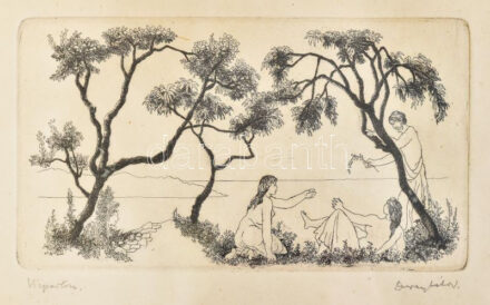 Duray Tibor (1912-1988): Vízparton. Rézkarc, papír, jelzett, üvegezett fakeretben, 9,5×19,5 cm