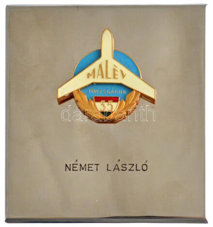 ~1975. 'MALÉV Törzsgárda 35 év' aranyozott, műgyantás jelvény névre szóló fém plaketten, eredeti dísztokban (104x90mm) T:1