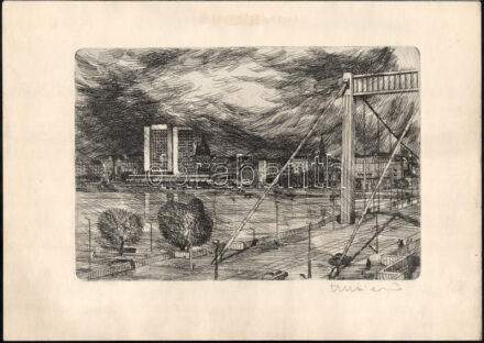 Olvashatatlan jelzéssel (.. Ernő?): Duna-parti szálloda (Budapesti panoráma). Rézkarc, papír, 19,5×29 cm
