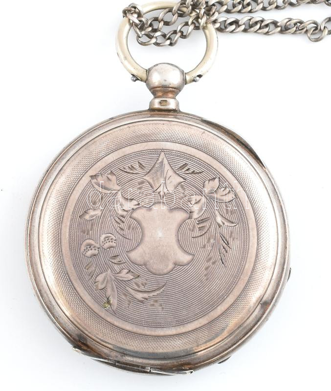 Ezüst (Ag) tokos, kulcsos zsebóra. Szép számlappal, jelzett, 6 köves, működő szerkezettel, kulccsal. XIX. sz. második fele. d: 45 mm - Image 3