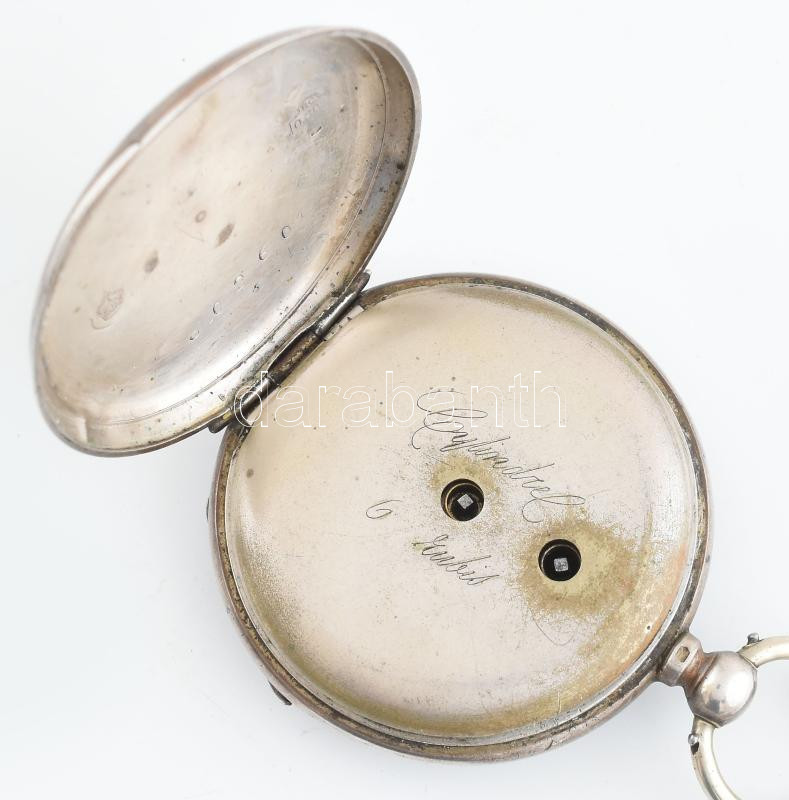 Ezüst (Ag) tokos, kulcsos zsebóra. Szép számlappal, jelzett, 6 köves, működő szerkezettel, kulccsal. XIX. sz. második fele. d: 45 mm - Image 4