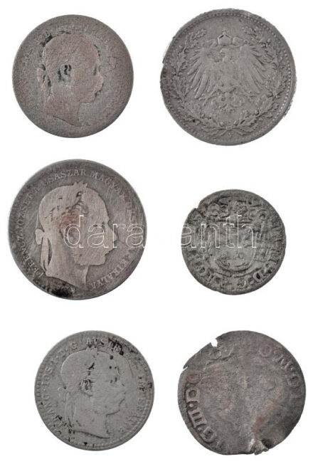 6db-os vegyes, nagyrészt külföldi, rossz állapotú Ag érmetétel, közte Német Birodalom 1905E 1/2M Ag C:3,3- patina, kitörés 6pcs of mixed, mostly foreign Ag coin lot in poor condition, among them German Empire 1905E 1/2 Mark Ag C:F,VG