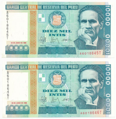 Peru 1988. 10.000I (2x) 'A 6018645 T - A 6018646 T' sorszámkövetők T:I Peru 1988. 10.000 Intis (2x) 'A 6018645 T - A 6018646 T' consecutive serials C:UNC Krause P#140