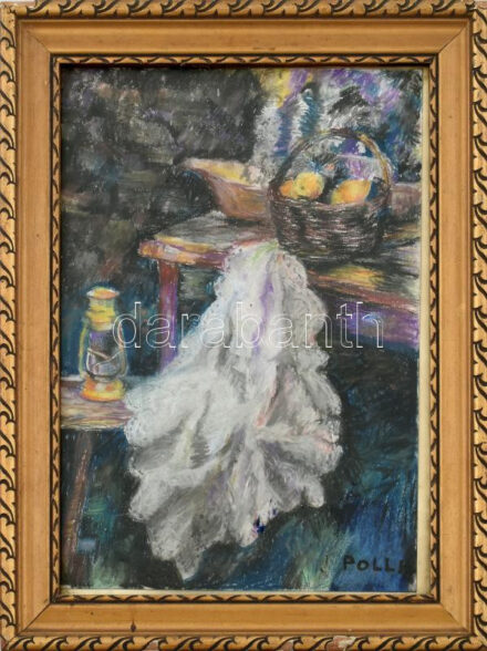Poll H jelzéssel: Csendélet. Vegyes technika, papír. Üvegezett, sérült fa keretben. 34x23,5 cm