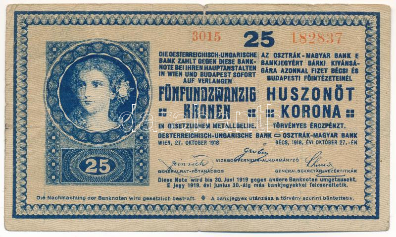 1918. 25K '3015 182837' 3,5mm, hullámos hátlap T:III,III- Adamo K22/2