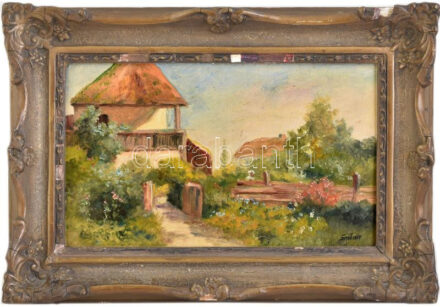 báró Szveteney György (1871-1952): Virágos udvar. Olaj., karton. Jelzett. Dekoratív, sérült fakeretben. 20x33 cm
