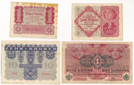Ausztria 1922. 1K + 2K + 10K + 1916. 1K zöld 'DEUTSCHÖSTERREICH' felülbélyegzéssel T:III fo. Austria 1922. 1 Krone + 2 Kronen + 10 Kronen + 1918. 1 Korona with green 'DEUTSCHÖSTERREICH' overprint C:F spotted
