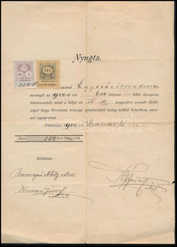 1900 Orosháza, 150 K fizetés felvételéről kiállított nyugta, aláírásokkal, okmánybélyegekkel. Hátoldalán diftéria elleni védőoltásról kiállított bizonyítvány 1951-ből. Egy lapra 51 év eltéréssel két különböző