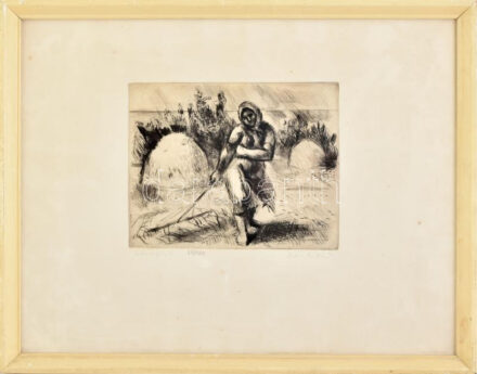 Iván Szilárd (1912-1988): Szénagyűjtő. Rézkarc, papír, jelzett, számozott (21/100), lapszéli apró foltokkal, üvegezett fakeretben, 19x23,5 cm