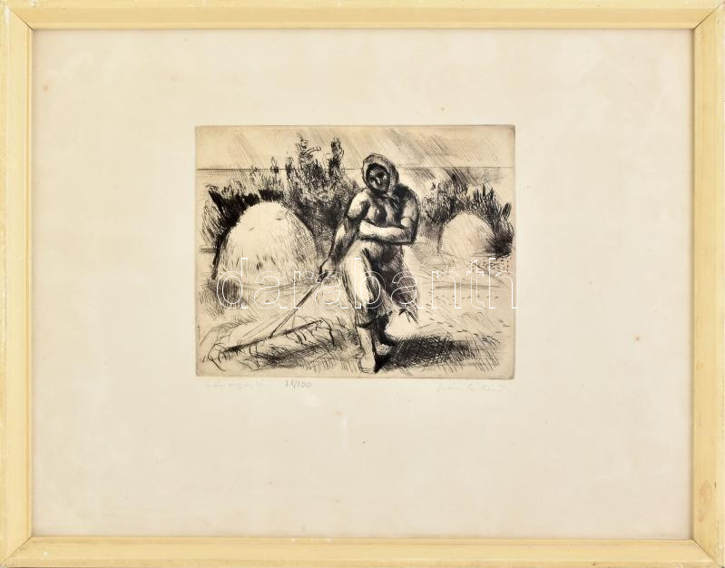 Iván Szilárd (1912-1988): Szénagyűjtő. Rézkarc, papír, jelzett, számozott (21/100), lapszéli apró foltokkal, üvegezett fakeretben, 19x23,5 cm