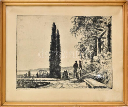 Zádor István (1882-1963): Kilátás a Balatonra. Rézkarc, papír, jelzett, kissé foltos, üvegezett fakeretben, 29x39 cm