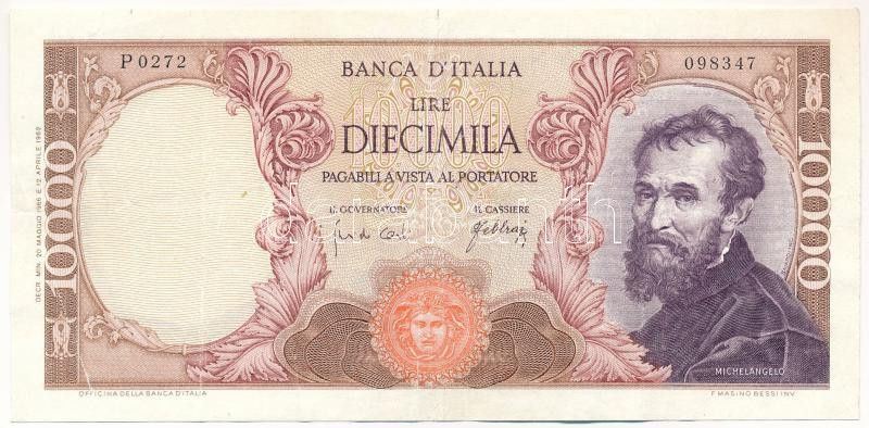 Olaszország 1966. 10.000L 'P0272 098347', 'Michelangelo' T:III apró szakadás Italy 1966. 10.000 Lire 'P0272 098347', 'Michelangelo' C:F tiny tear Krause P#97