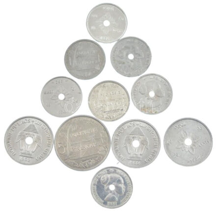 Laosz 1952. 10c Al (5x) + 20c Al (3x) + Francia Polinézia 1979-1991. 1F Al (2xklf) + 1983. 5F Al T:1-,2 Laos 1952. 10 Cent Al (5x) + 20 Cent Al (3x) + French Polynesia 1979-1991. 1 Franc Al (2xdiff) + 1983. 5 Francs Al C:AU,XF