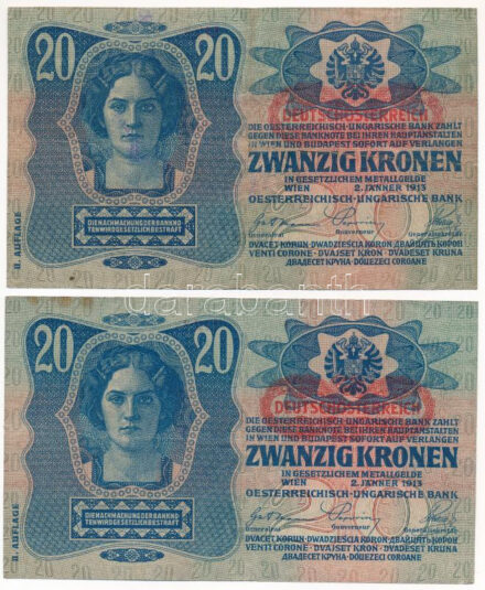 1913. 20K II. kiadás, piros 'DEUTSCHÖSTERREICH' felülbélyegzéssel (2db) T:III fo. Adamo K18B