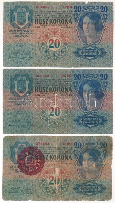 1913. 20K (3db) egyik piros 'MAGYARORSZÁG' felülbélyegzéssel T:III-,IV egyik ragasztott Adamo K18B