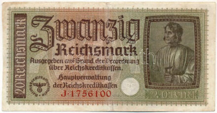 Német Harmadik Birodalom 1940-1945. 20M 'J 1756100' T:III kis szakadás, anyaghiány German Third Reich 1940-1945. 20 Reichsmark 'J 1756100' C:F small tear, material error Krause P#R139