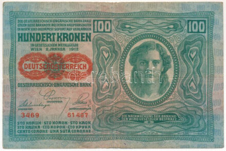Ausztria 1919. (1912) 100K, vízszintes 'DEUTSCHÖSTERREICH' felülbélyegzéssel, mindkét oldal német T:III Austria 1919. (1912) 100 Kronen, with horizontal 'DEUTSCHÖSTERREICH' overprint, both sides in german C:F Krause P#56