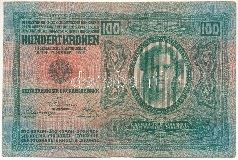 Ausztria 1919. (1912) 100K, vízszintes 'DEUTSCHÖSTERREICH' felülbélyegzéssel, mindkét oldal német T:III Austria 1919. (1912) 100 Kronen, with horizontal 'DEUTSCHÖSTERREICH' overprint, both sides in german C:F Krause P#56 - Image 2