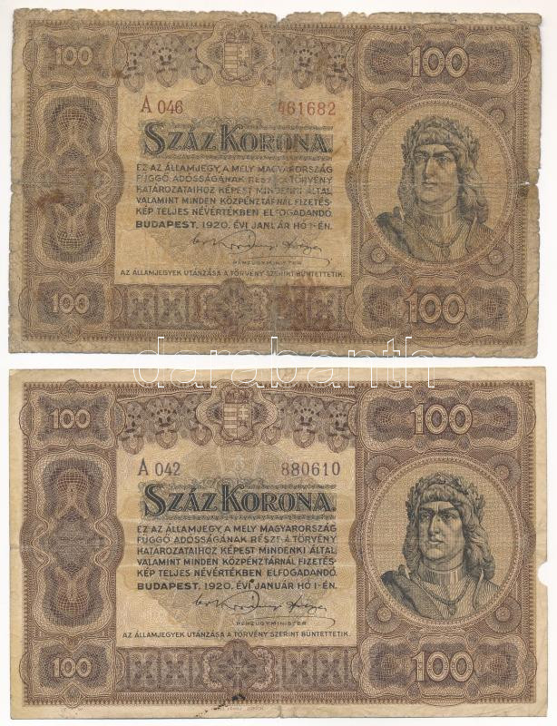 1920. 100K 'Orell Füssli Zürich' (2x) T:III,IV a jobb állapotún kis beszakadás, oldalán kisebb anyaghiány Adamo K29