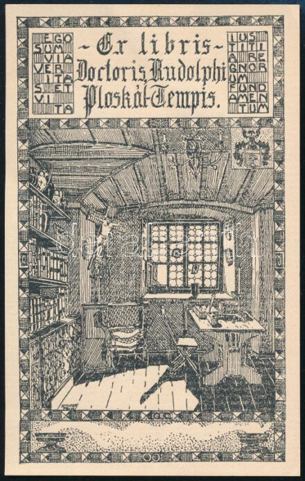 Steiner Félix (?-?): Ex libris Doctoris Rudolphi Ploskál-Tempis, 1920 körül, jelzett, jó állapotban, 11,5x7 cm