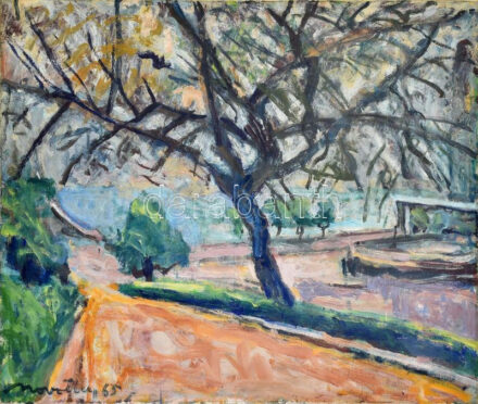 Novotny Emil Róbert (1898-1975): Gellért-tér (Budapest, Dunapart) 1965. Olaj, vászon, jelzett és datált (Novotny 65), hátoldalán autográf felirattal és Képcsarnok Vállalat címkéjével. 67x80 cm / Emil Róbert Novotny (1898-1975):