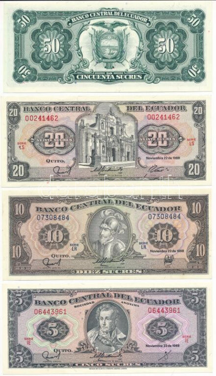 Ecuador 1988. 5S + 10S + 20S + 50S T:I Ecuador 1988. 5 Sucres + 10 Sucres + 20 Sucres + 50 Sucres C:UNC