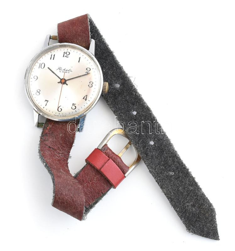 Raketa 16 köves szovjet karóra, szép számlappal, bőr szíjjal, működik, d: 33 mm